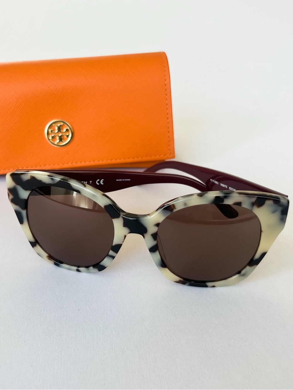 Tory Burch Cream Dalmatian Tortoise Burgundy Cat Eye Sunglasses